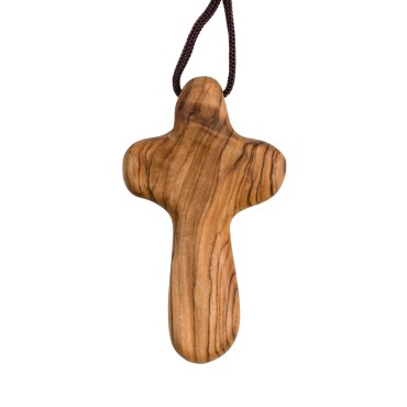 Croix du réconfort en bois d'olivier de Terre Sainte 8,7 cm avec petit cordon marron 5 cm..
