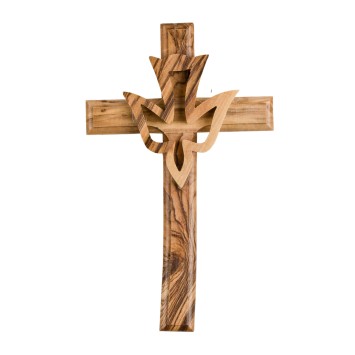 Croix en bois d'olivier de Terre Sainte avec colombe - H. 12 cm..