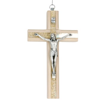 Crucifix bois incrustation plexiglass marbre couleur dorée avec Christ métal argentée - H. 15 cm..