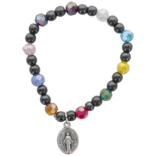 Bracelet dizainier sur élastique pour enfant grains multicolores a facettes et hématite avec médaille de la V Miraculeuse..