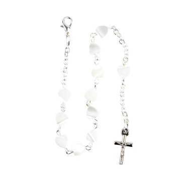 Bracelet dizainier sur chaine couleur argentée grains nacre forme cœur, Ø 7 mm, avec croix métal..
