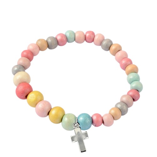 Bracelet sur élastique pour enfant, grains bois multicolores Ø 6/8 mm. LOT DE 10.