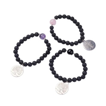 Lot de 5 bracelets élastiques, pierres de lave Ø 8 mm et pierres naturelles Ø 10 mm, avec médaille Arbre de Vie.