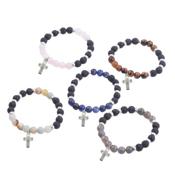 Bracelet sur élastique grains en pierre de lave et pierre naturelle Ø 8 mm. LOT DE 5 ASSORTIS.