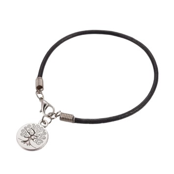 Bracelet cordon en cuir noir avec fermoir pince de homard et arbre de vie.