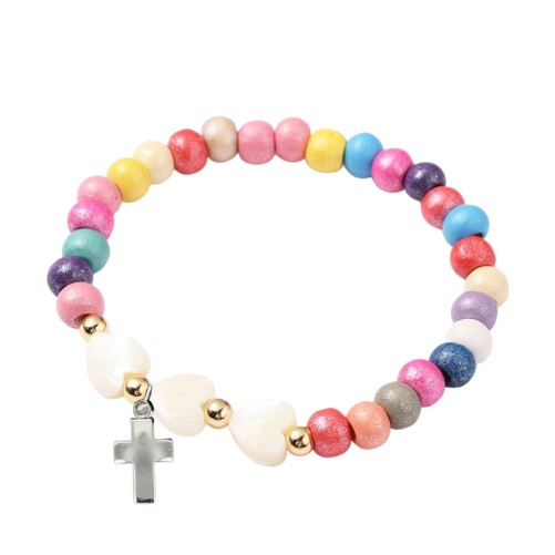 Bracelet sur élastique pour enfant, grains bois multicolores et cœur en nacre Ø 9mm..