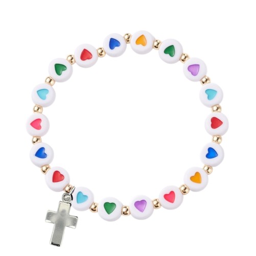 Bracelet sur élastique pour enfant en acrylique grains ronds motif cœur Ø 6,5 mm..