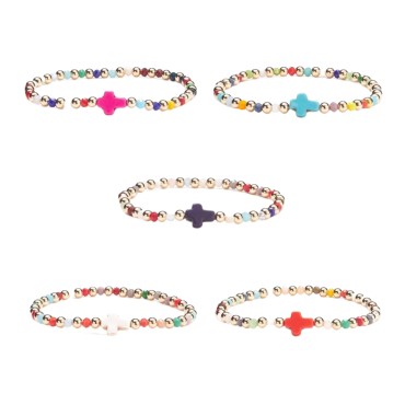 Bracelets sur elastique grain perle verre multicolore Ø 4 mm avec croix. LOT DE 5 ASSORTIS.