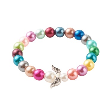 Bracelet sur elastique pour enfant, grains multicolores en acrylique nacre Ø 8 mm avec ailes d ange..