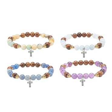 Bracelet sur elastique grains bois de wenge et pierres naturelles Ø 8 mm. LOT DE 4 ASSORTIS.