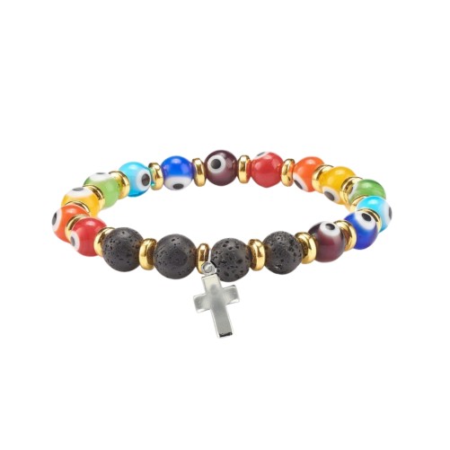 Bracelet sur elastique grains en verre style murano et pierre de lave Ø 7 mm..