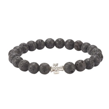 Bracelet sur elastique grains en pierre de lave Ø 8 mm avec croix 10 mm .