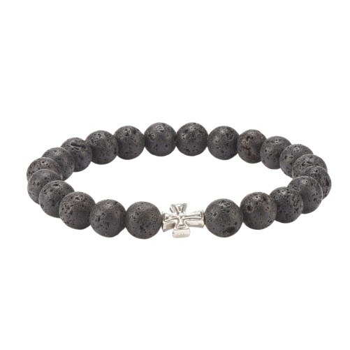Bracelet sur elastique grains en pierre de lave Ø 8 mm avec croix 10 mm .