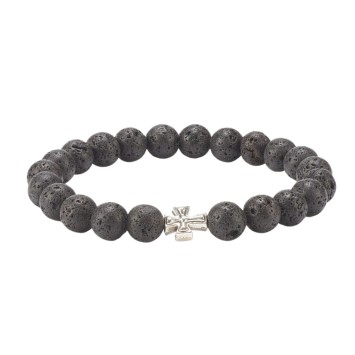 Bracelet sur elastique grains en pierre de lave Ø 8 mm avec croix 10 mm .