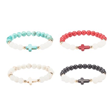 Bracelet sur corde grains en jade et pierre Ø 8 mm avec croix. LOT DE 4 ASSORTIS.