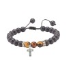 Bracelet sur corde reglable grains en pierre de lave poli et œil de tigre Ø 8 mm avec croix metal