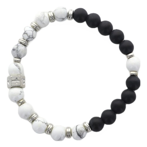 Bracelet dizainier élastique, grains en howlite et jade noir 8 mm.