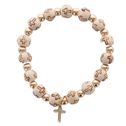 Bracelet sur elastique grains en bois Ø 8 mm et en hematite plaquage couleur doree avec croix couleur doree..