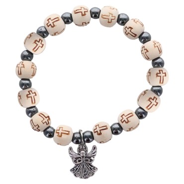 Bracelet sur elastique perle bois Ø 8 mm et hematite avec pendentif ange..