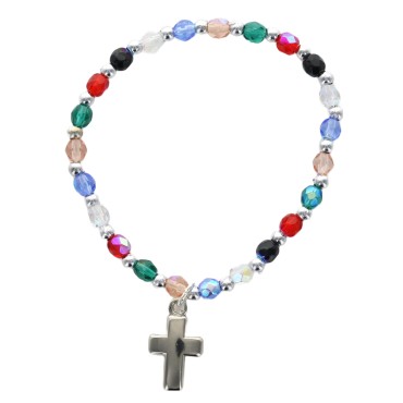 Bracelet sur élastique pour enfant, grains multicolores Ø 4 mm, avec croix..