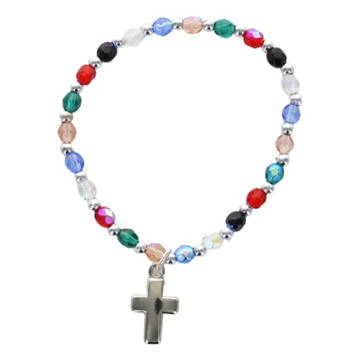 Bracelet sur élastique pour enfant, grains multicolores Ø 4 mm, avec croix..