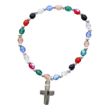 Bracelet sur élastique pour enfant, grains multicolores Ø 4 mm, avec croix..