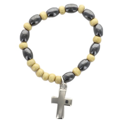 Dizainier sur élastique en bois et hématite Ø 5 mm avec croix métal..
