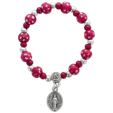 Bracelet dizainier sur élastique pour enfant grains en bois Ø 6 mm avec croix métal..