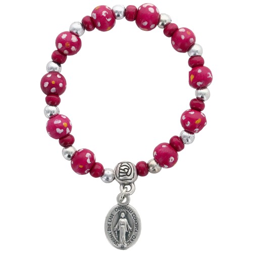 Bracelet dizainier sur élastique pour enfant grains en bois Ø 6 mm avec croix métal..