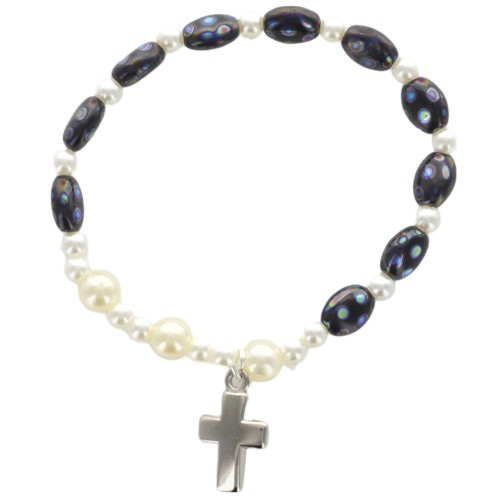 Bracelet dizainier sur élastique pour enfant grains nacrés et tachetés avec croix métal..