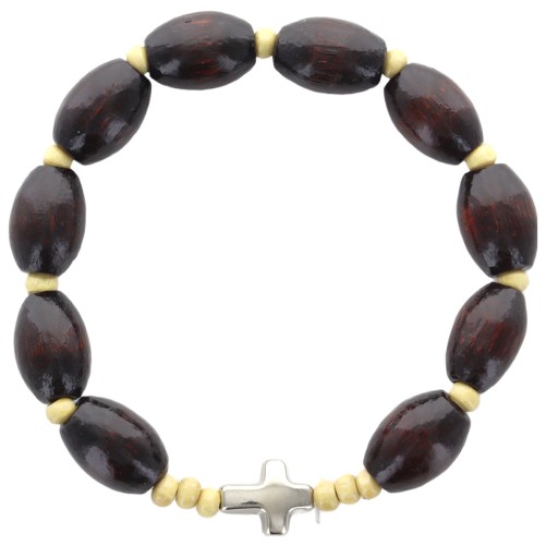 Bracelet dizainier sur élastique grains bois Ø 10 mm avec croix.