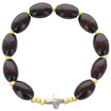 Bracelet dizainier sur élastique grains bois Ø 10 mm avec croix.