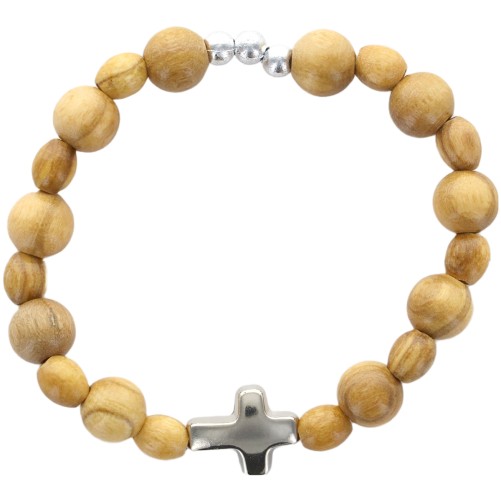 Bracelet dizainier sur élastique pour enfant grains en bois Ø 7 mm avec croix métal ou résine..