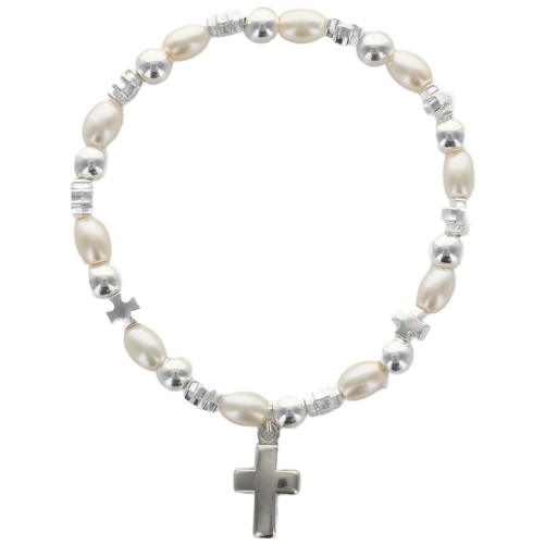 Bracelet dizainier sur élastique grains nacrés et grains forme croix avec croix métal..