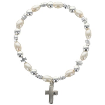 Bracelet dizainier sur élastique grains nacrés et grains forme croix avec croix métal..