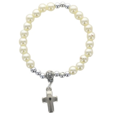 Bracelet sur élastique grains nacrés Ø 6 mm avec croix métal..