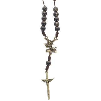 Dizainier de voiture, corde marron, grains plastique noir Ø8 mm, cœur Saint Michel métal, croix épée Saint Michel..