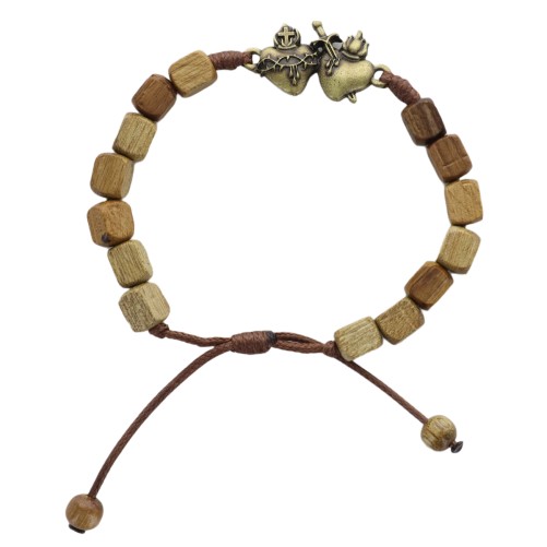 Bracelet sur corde reglable grains bois Ø 6-8 mm avec coeurs unis immacules (coeur d amour).