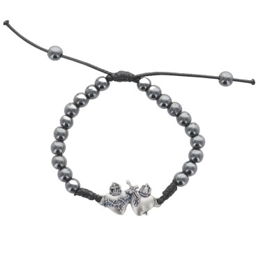 Bracelet réglable, corde, grains hématite Ø6 mm, cœurs unis Immaculés (cœur d’amour)..