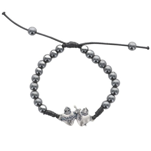 Bracelet réglable, corde, grains hématite Ø6 mm, cœurs unis Immaculés (cœur d’amour)..