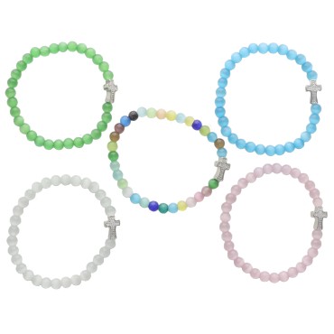 Bracelet sur elastique en perles verre saturne couleur assortie avec croix strass Ø 4 mm. LOT DE 5.