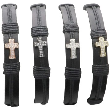 Bracelet cordon en cuir noir reglable et croix de differentes couleurs. LOT DE 4