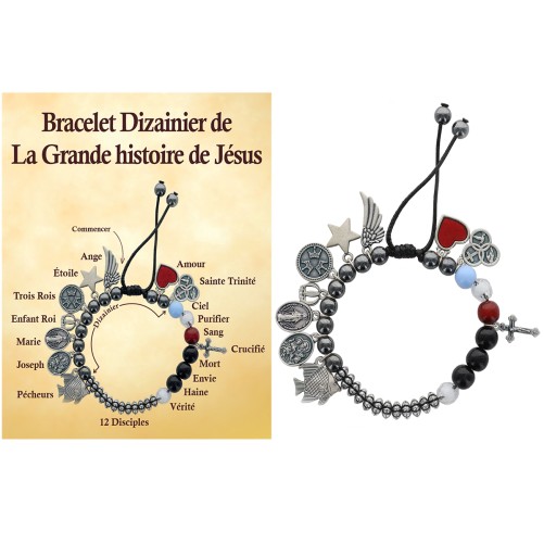 Bracelet dizainier de la Vie de Jésus, corde réglable, avec image explicative en sachet..