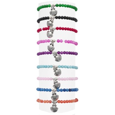 Bracelet sur élastique en pierre de 4 mm avec coquille de saint Jacques, métal de couleur argentée. LOT DE 9 ASSORTIS.