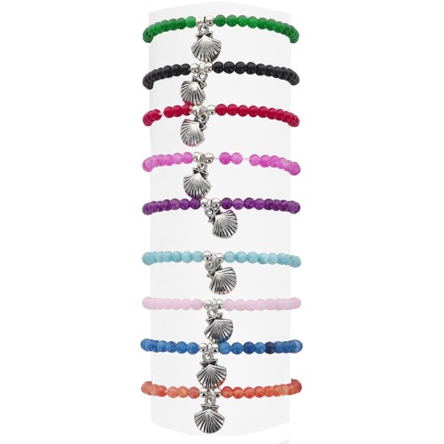 Bracelet sur élastique en pierre de 4 mm avec coquille de saint Jacques, métal de couleur argentée. LOT DE 9 ASSORTIS.