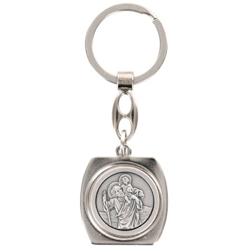 Porte-clés carré en métal 3 x 3 cm représentant Saint Christophe.