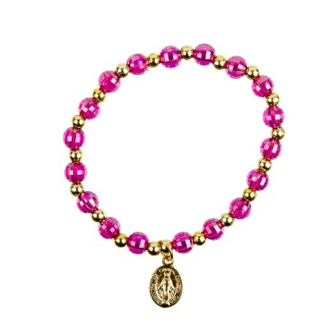 Bracelet sur élastique couleur dorée grains à facettes couleurs assorties Ø 6 mm, avec médaille de la Vierge Miraculeuse..