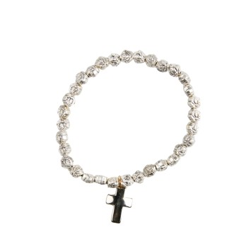 Bracelet sur élastique grains forme fleur en métal Ø 8 mm, avec croix..