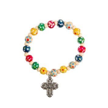 Bracelet sur élastique pour enfant, grains bois couleur assortie Ø 6.5 mm + croix métal.