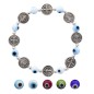 Bracelet sur elastique avec medaille de Saint Benoit en metal et grains en verre. VENDU PAR LOT DE 5 ASSORTIS.